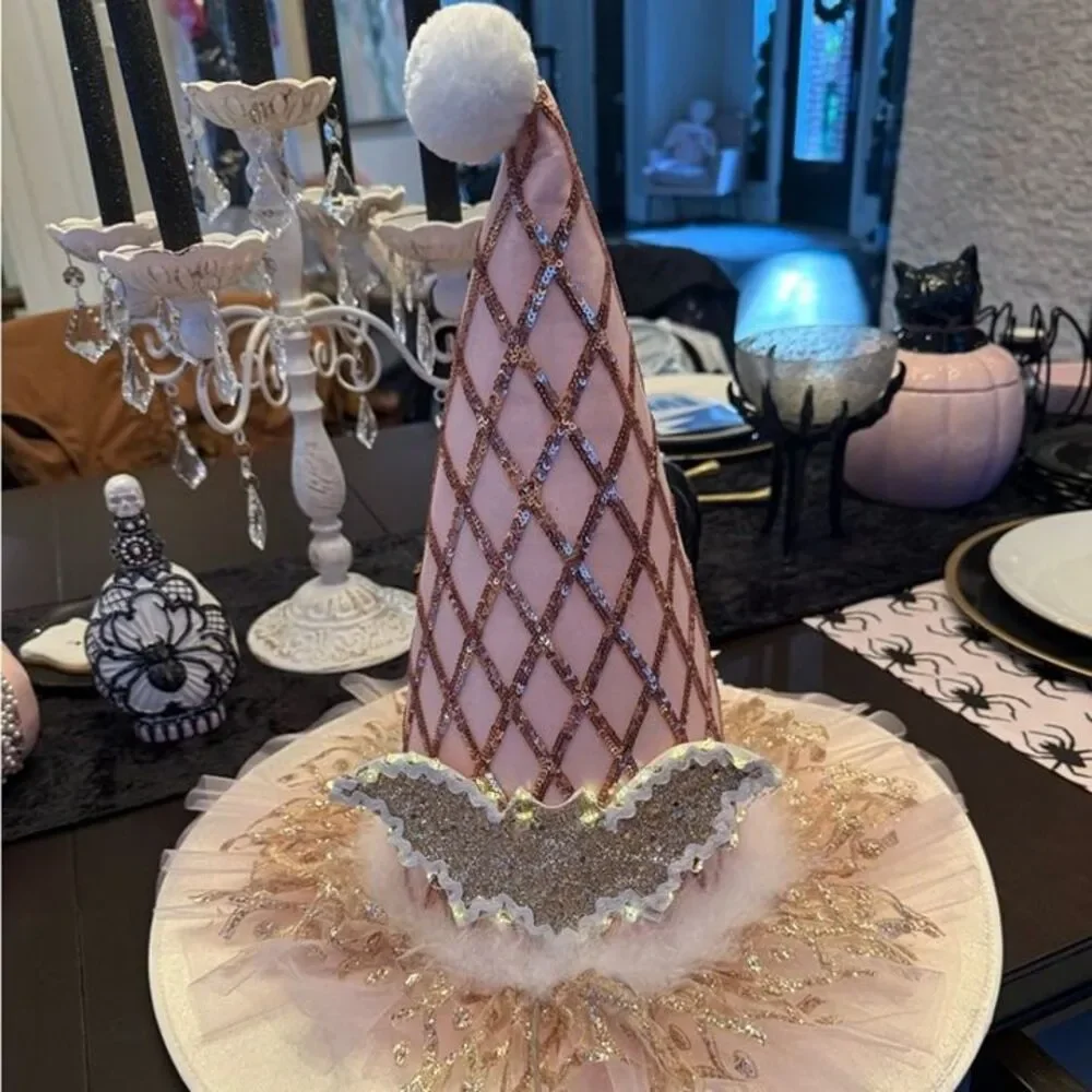 Shabby Chic Pink Pastel Halloween Witch Tulle Hat Tree Topper Decor NWT
